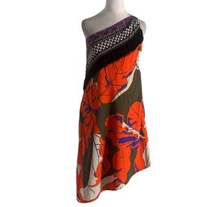 Pinko Womens 6 One Shoulder Tropical Leaf Print Asymmetric Hem Dress Resort